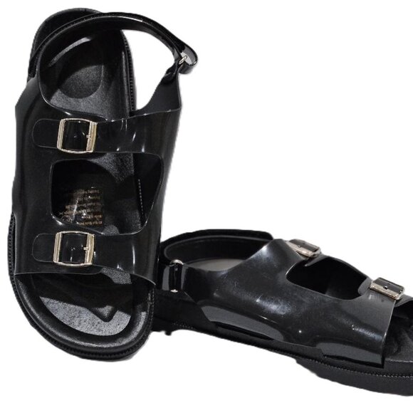 New CHUNKY BLACK VEGAN PATENT LEATHER STRAP SILVER BUCKLE SANDAL    Sizes 8 & 9 - Picture 1 of 4